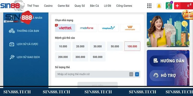 Rút tiền Sin88 về thẻ cảo Rút tiền Sin88 về thẻ cảo
